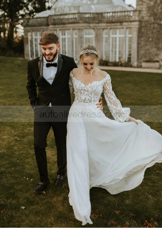 Long Sleeves Ivory Lace Chiffon Airy Wedding Dress